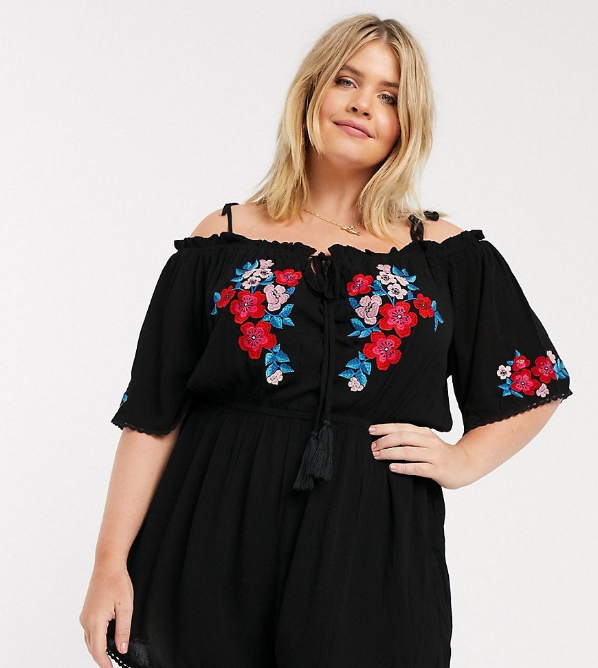 City Chic floral embroidered off the shoulder playsuit in black