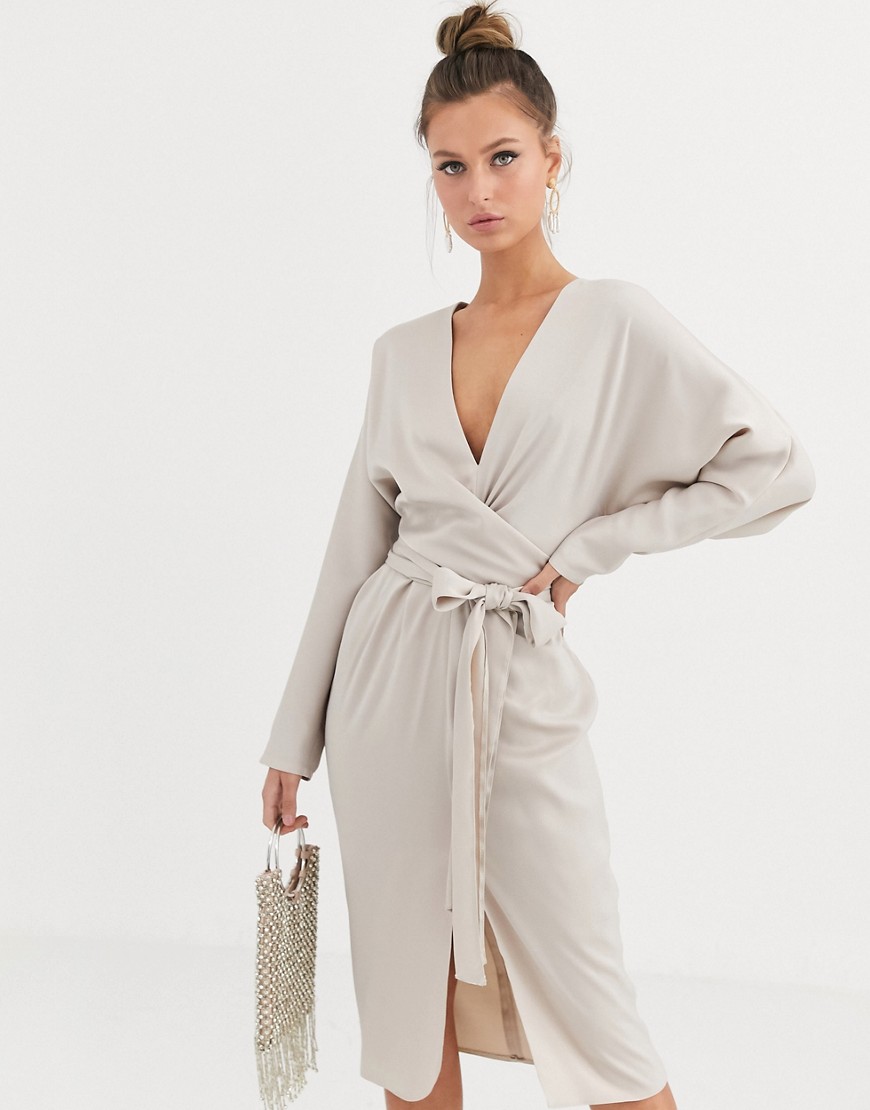Asos Design Midi Dress With Batwing Sleeve And Wrap Waist In Satin-gold