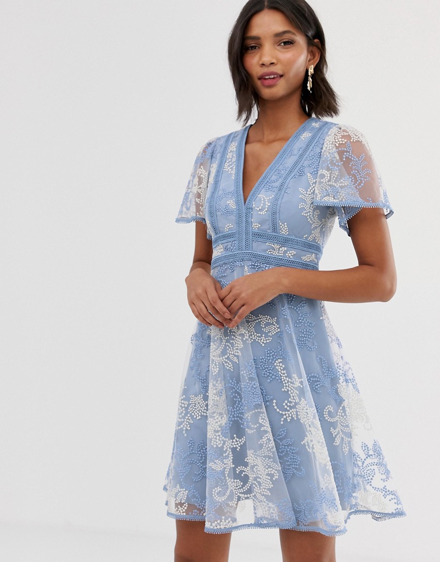Forever New lace embroidered skater dress in blue