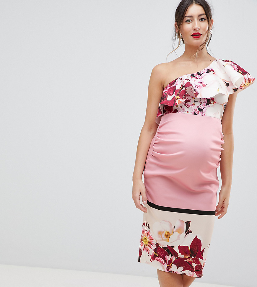 True Violet Maternity one shoulder midi dress with placement floral print