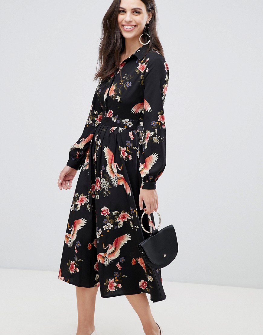 Liquorish midi shirt dress with pleated skirt in floral print