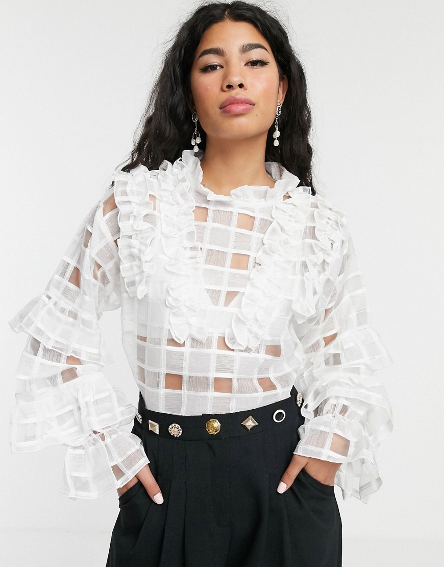 Sister Jane blouse with ruffle detail in sheer organza check