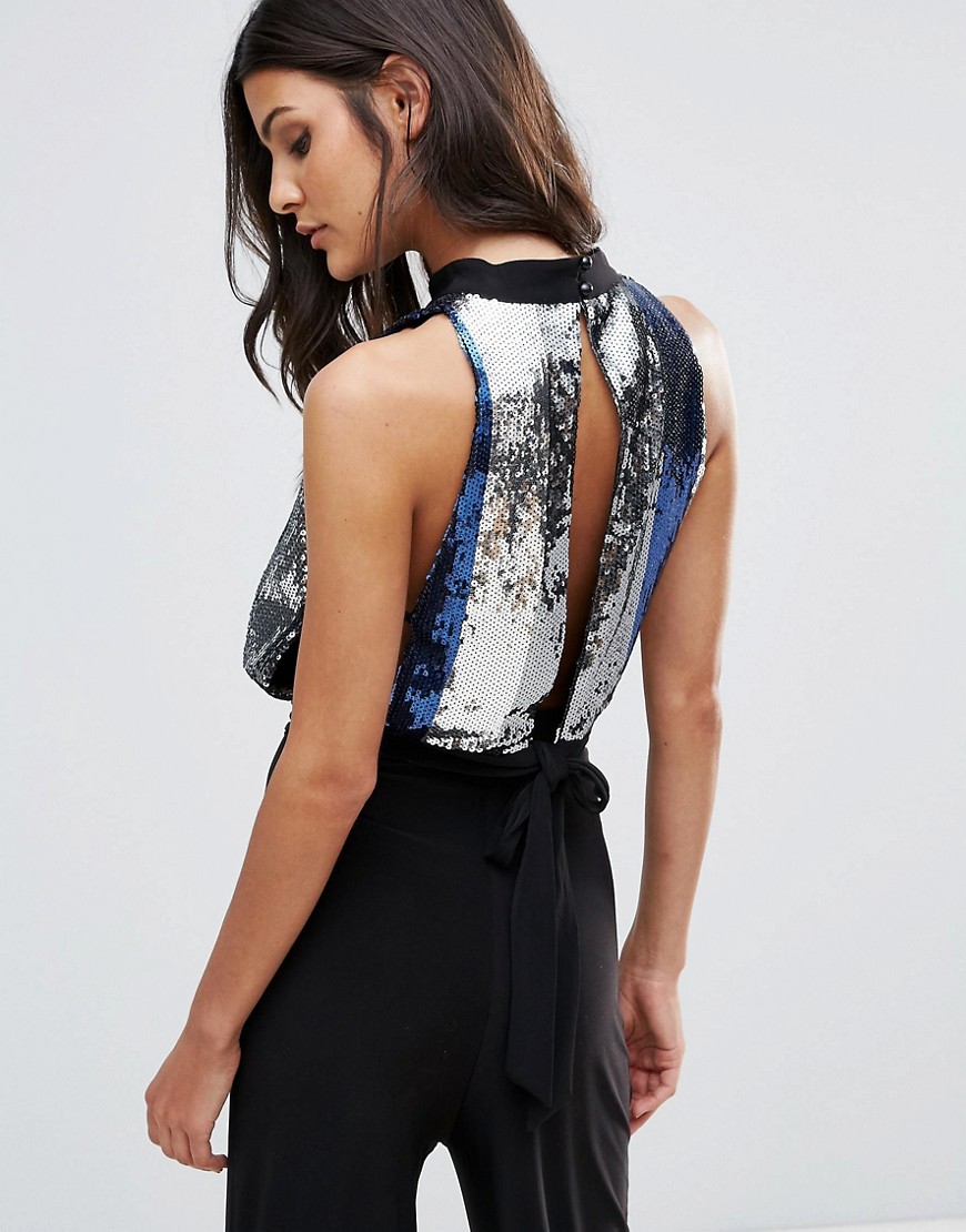 Love High Neck Sequin Top With Tie Back - Blue/silver
