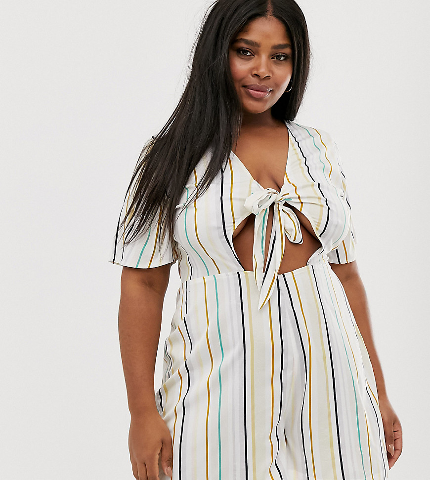 Influence Plus tie front playsuit in natural stripe