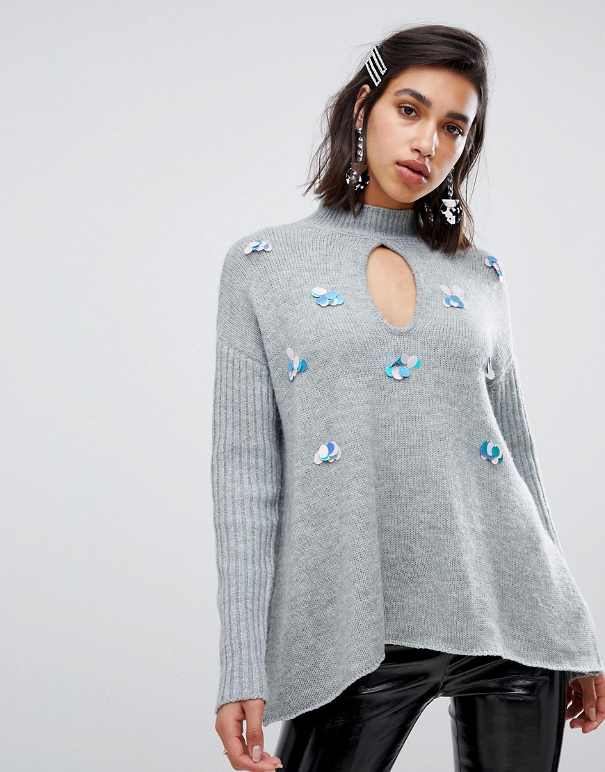 Lost Ink swing jumper with sequin embellishment in chunky knit