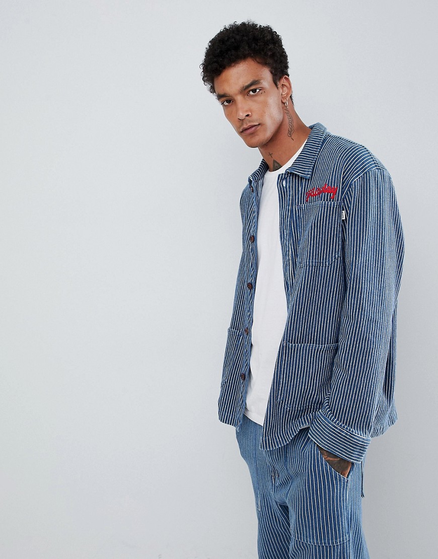 Fairplay striped worker jacket with chest embroidery in blue stripe