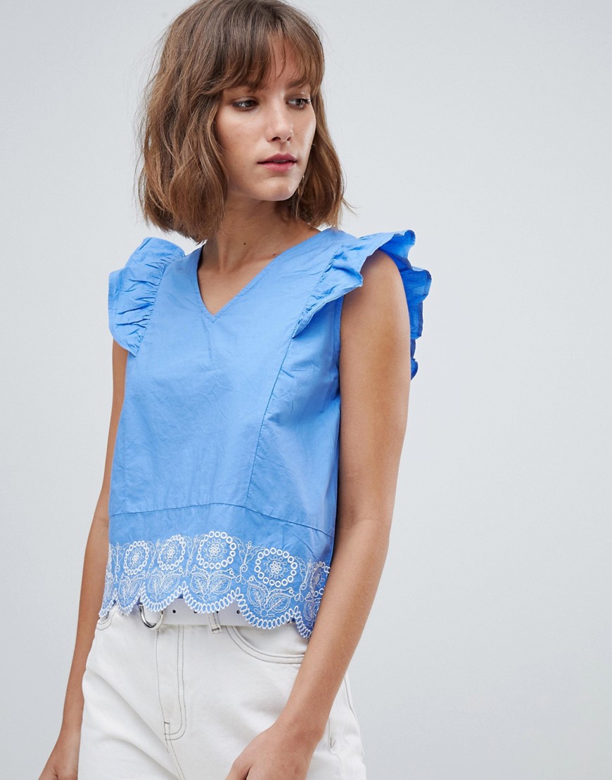 Mango broderie anglaise blouse with ruffle shoulder