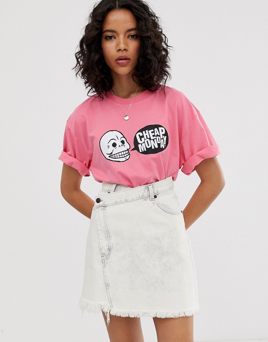 Cheap Monday Cotton T-shirt With Skull Bubble Logo-pink ModeSens