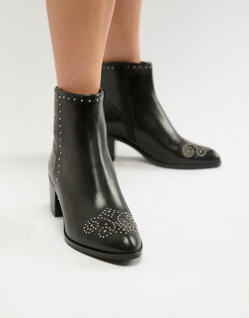 Dune London Queenies Black Leather Studded Mid Heel Ankle Boots