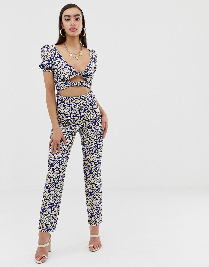 Lioness off shoulder jumpsuit with double tie front in geometric print