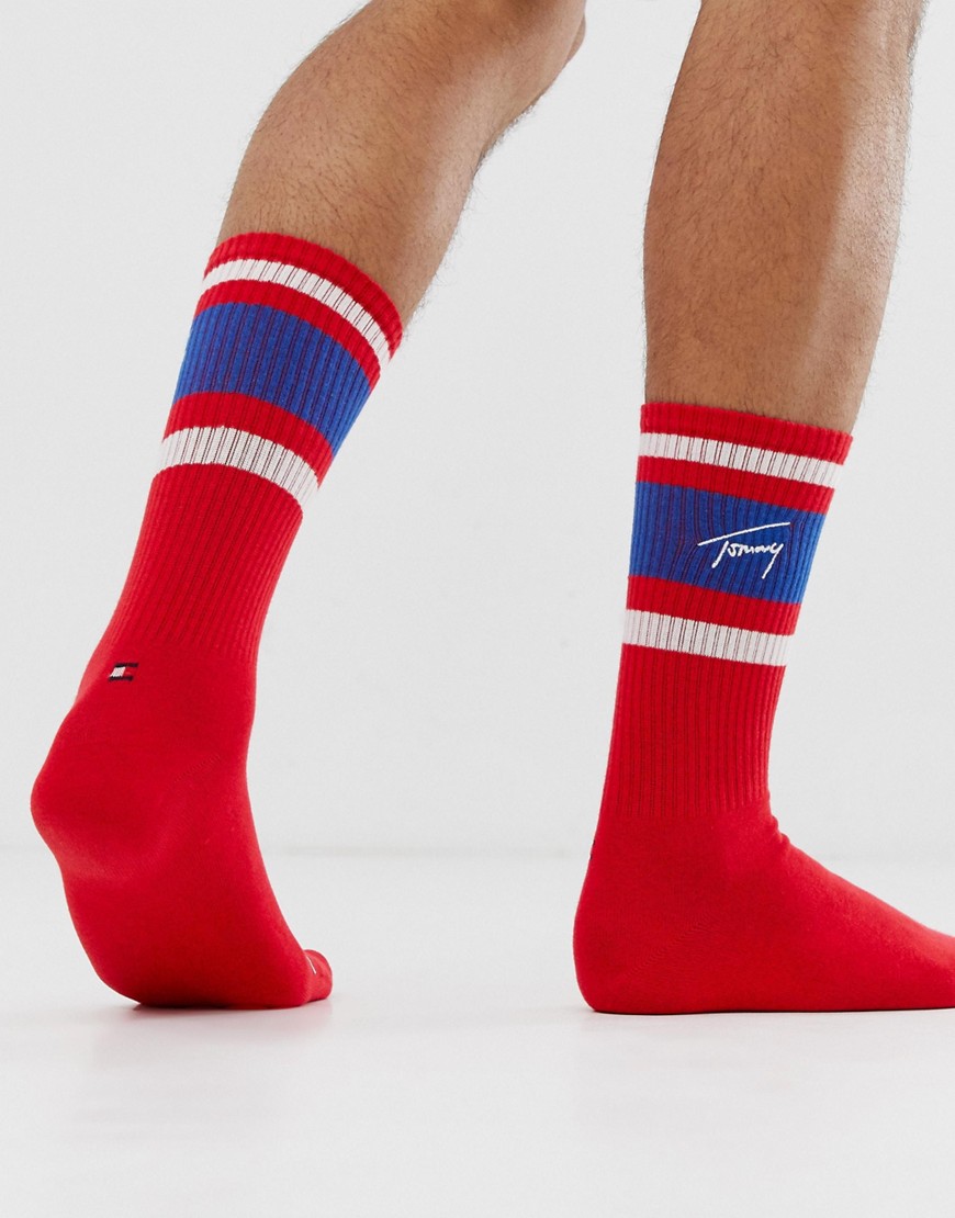 Tommy Jeans retro logo crew socks in red
