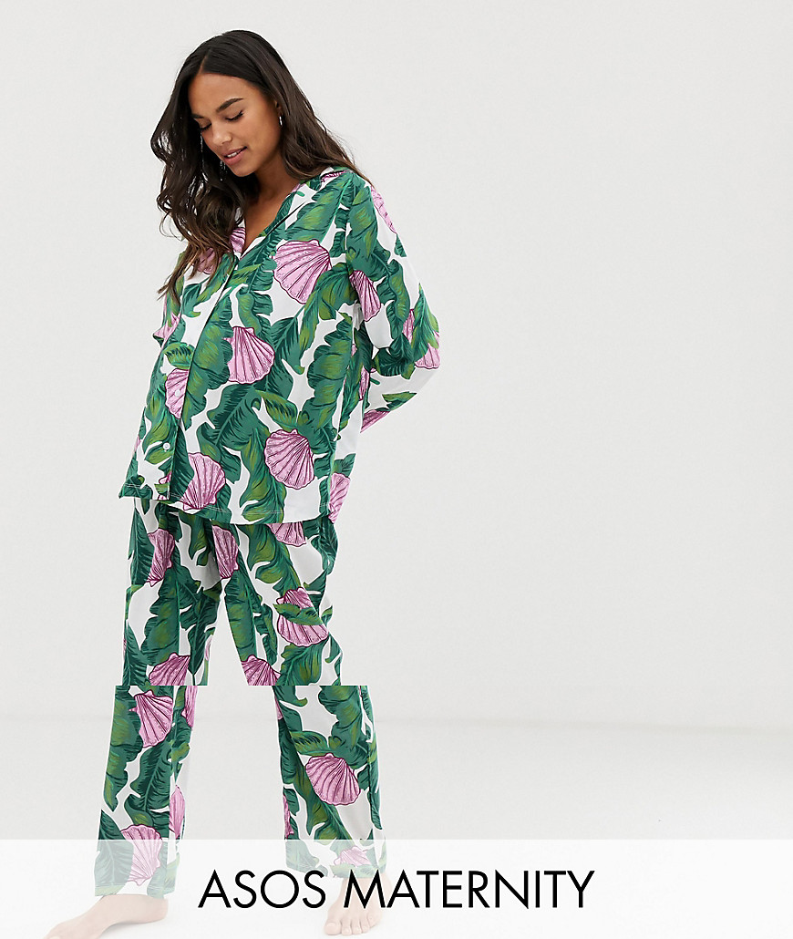 ASOS DESIGN Maternity palm & shell pyjama trouser set in 100% modal