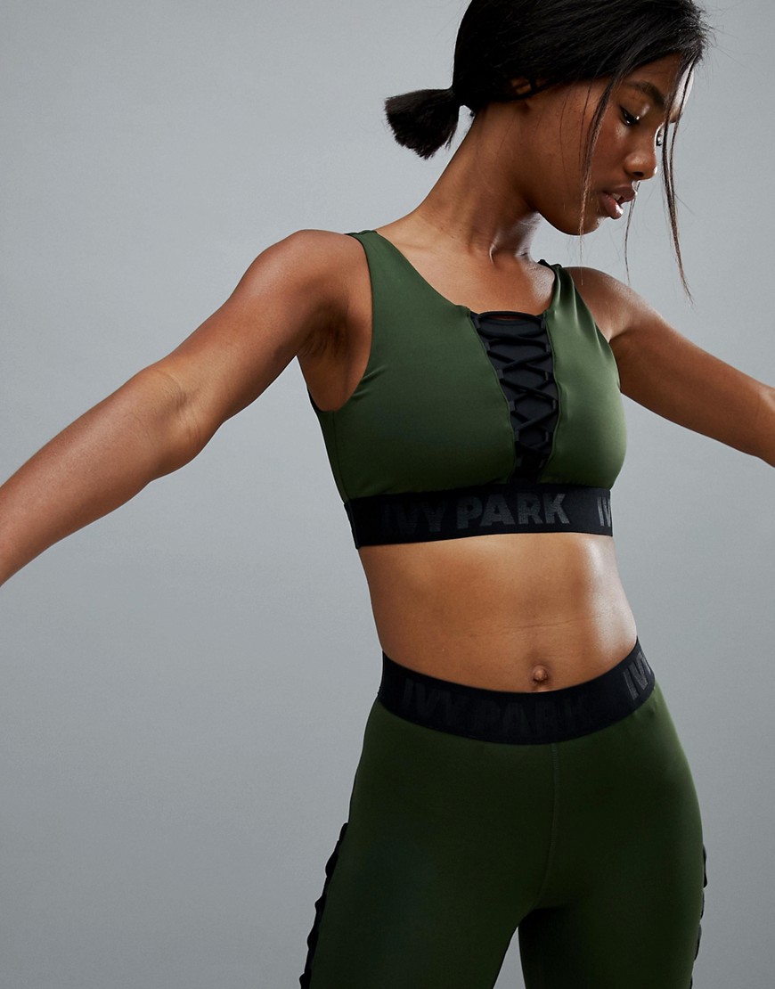 Ivy Park Active Lace Up Bra In Khaki