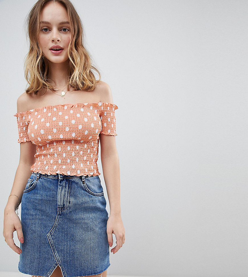 Glamorous Petite Off Shoulder Crop Top With Shirring In Polka Dot