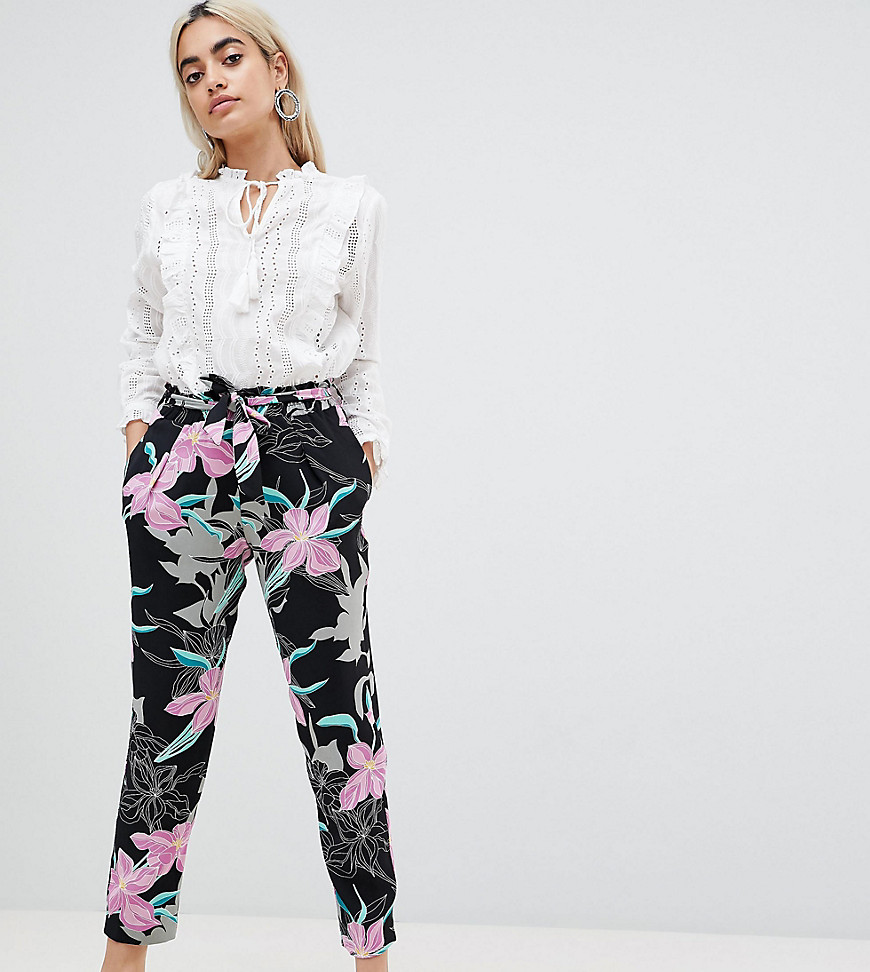 River Island Petite Floral Print Tie Waist Tapered Trousers