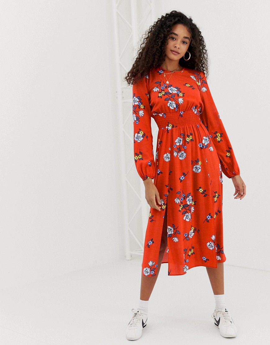 Nobody's Child midi dress with shirred waist and side split in floral