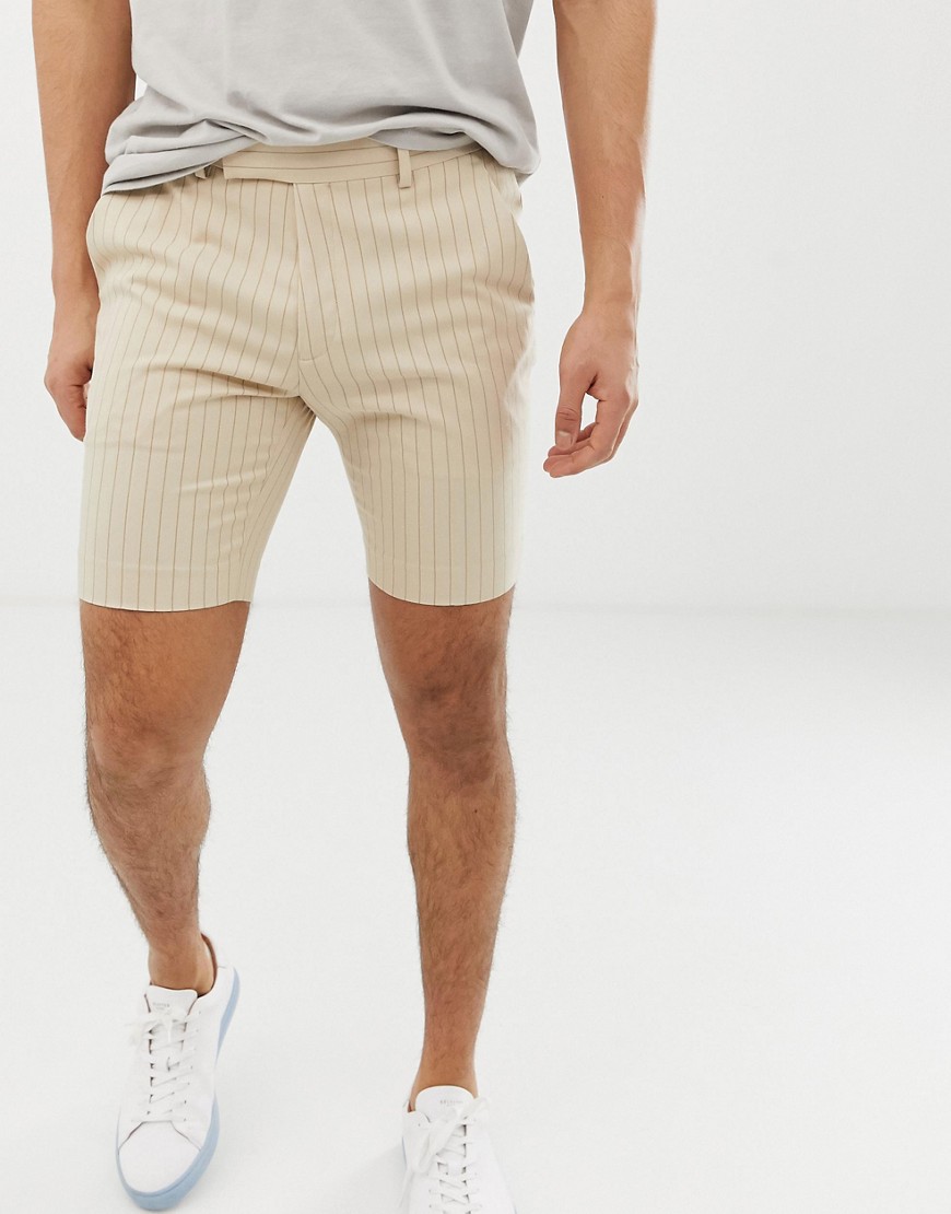 ASOS DESIGN skinny smart shorts in stone pin stripe