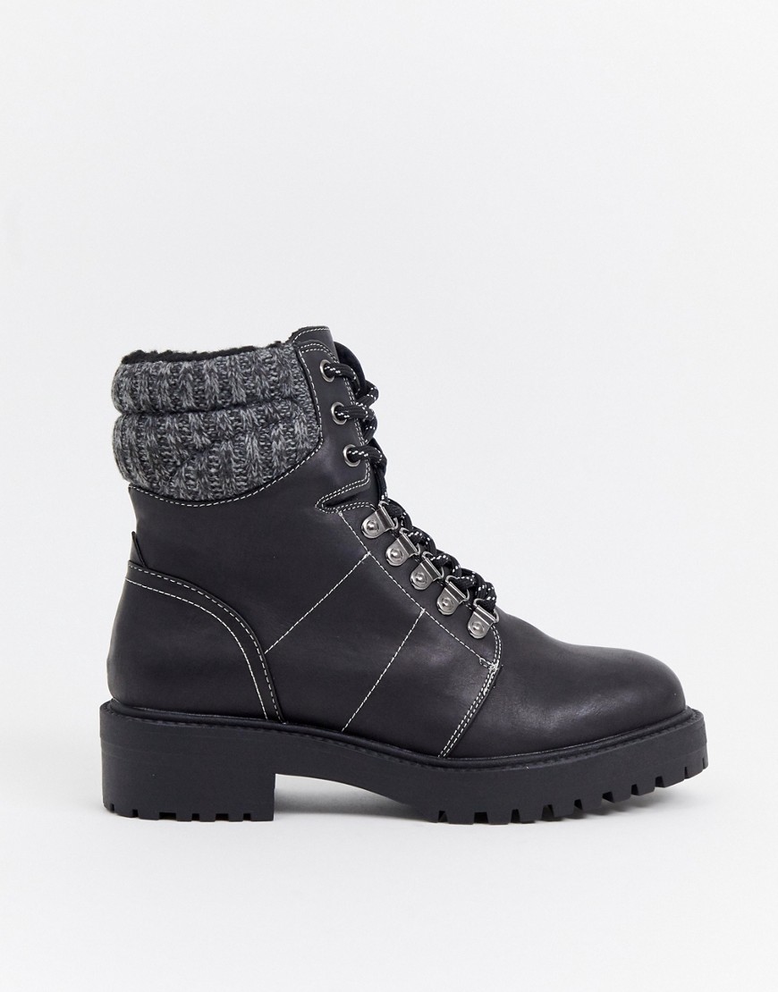 New Look flat hiker boots with contrast stitch in black