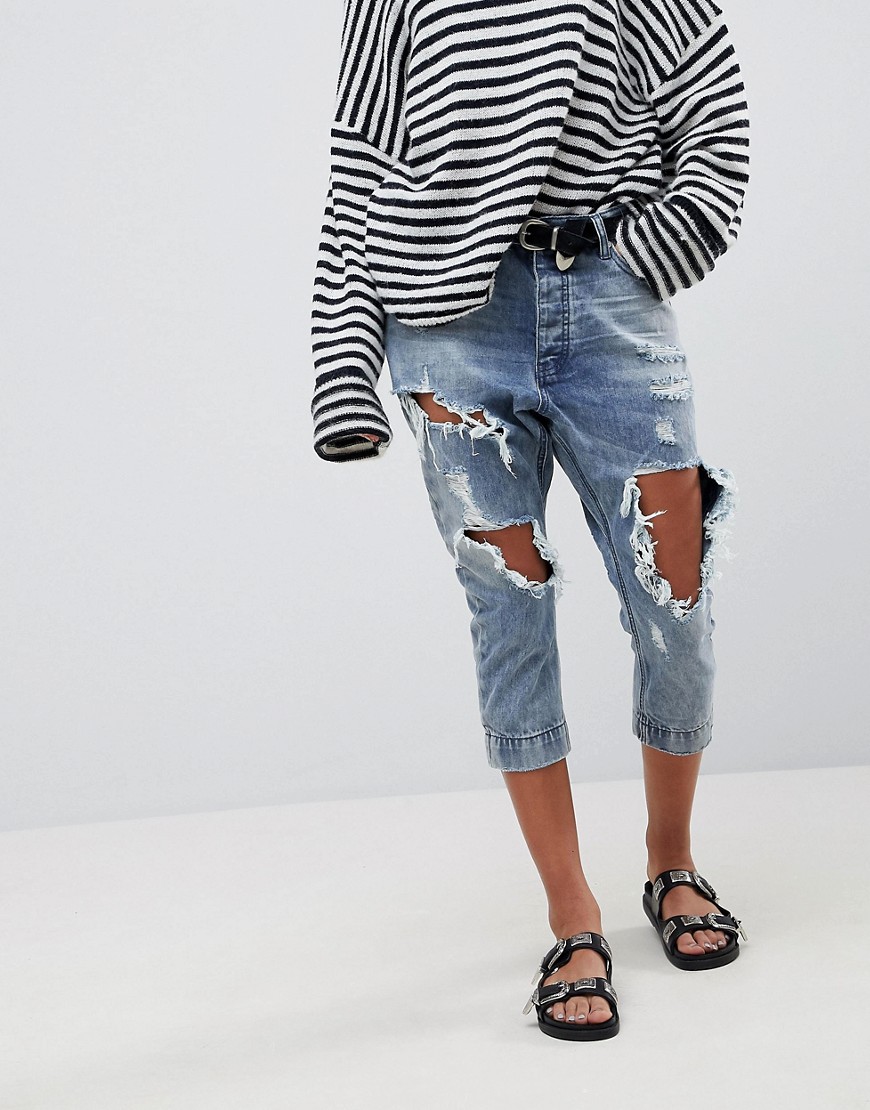 One Teaspoon Kingpins Cropped Boyfriend Jean With Extreme Distressing - Rocky