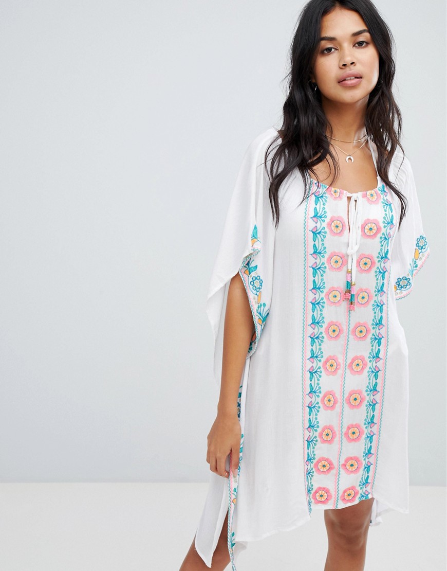 Anmol Oversized Beach Kaftan With Embroidered Front - Cream