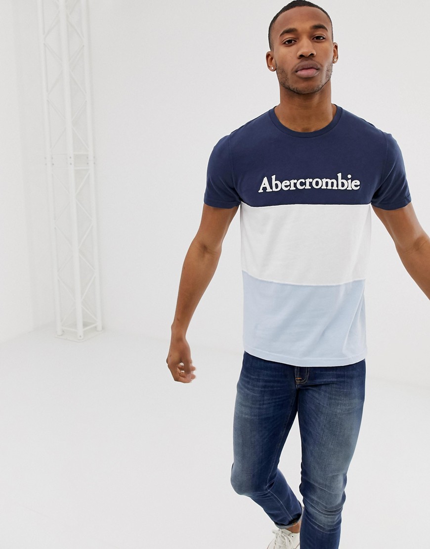 Abercrombie & Fitch legacy logo print colourblock t-shirt in navy/white/sky blue