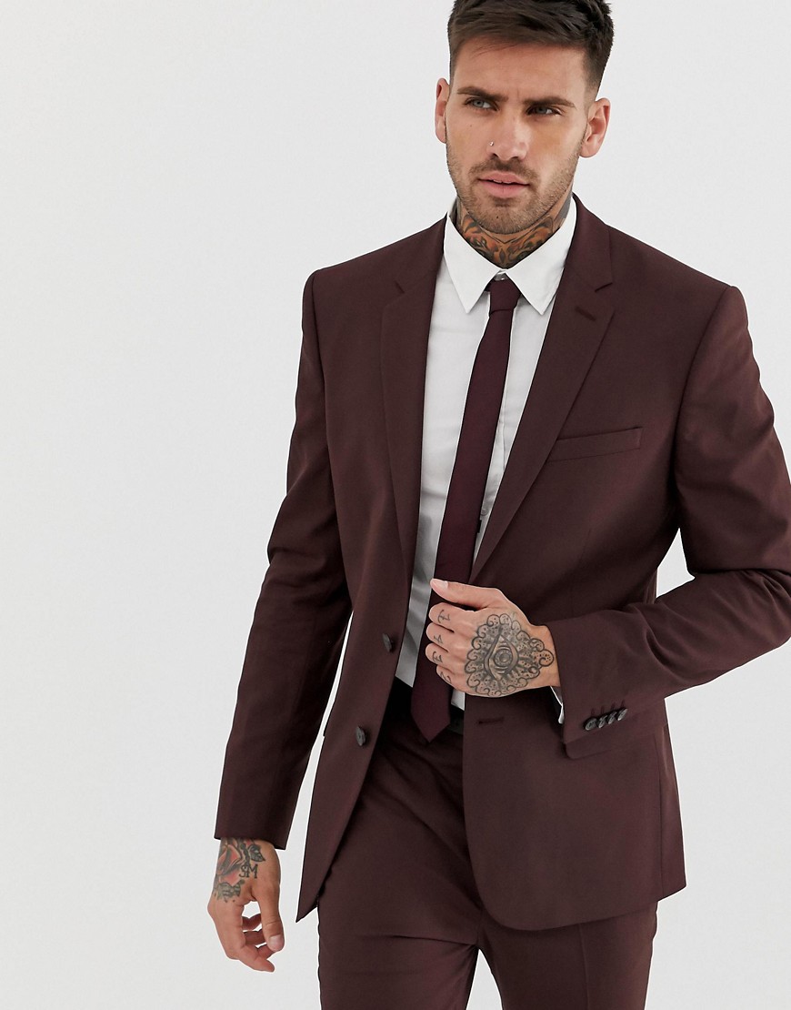 New Look skinny fit suit jacket in burgundy