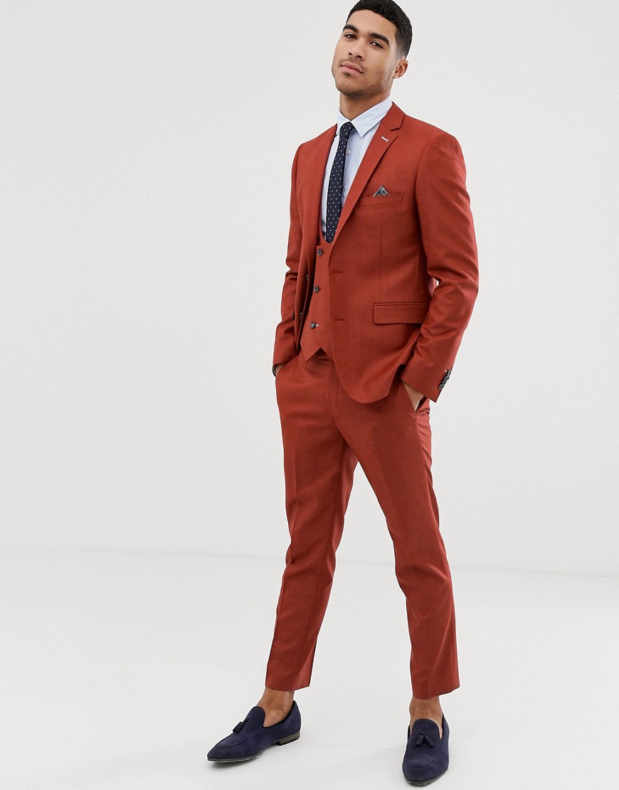 Harry Brown skinny fit burnt red stretch textured cropped suit trosuers