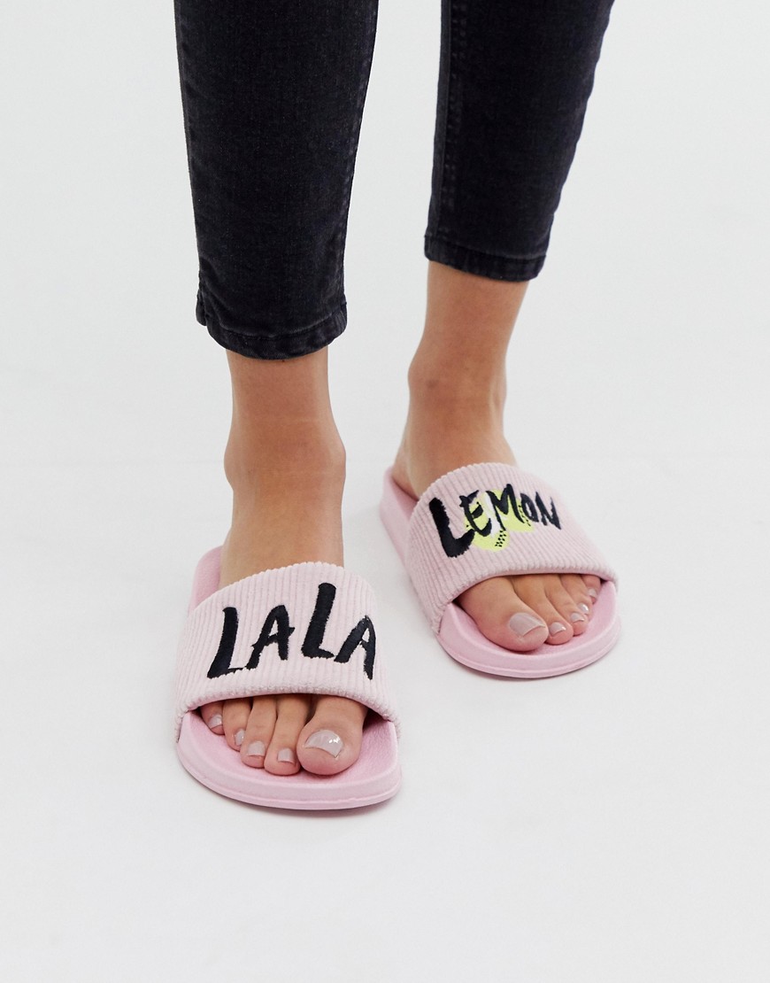 Hunkemoller La La Lemon slider slippers on pink