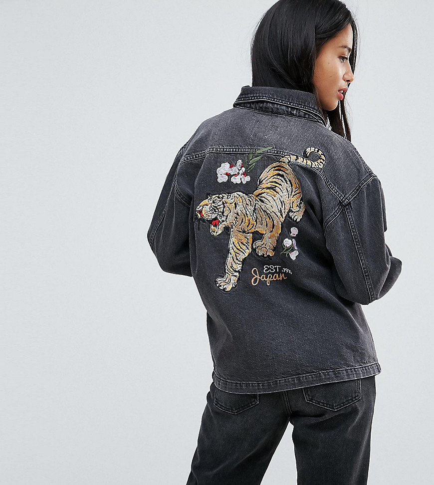 Chorus Petite Tiger Embroidery Oversized Denim Jacket - Black