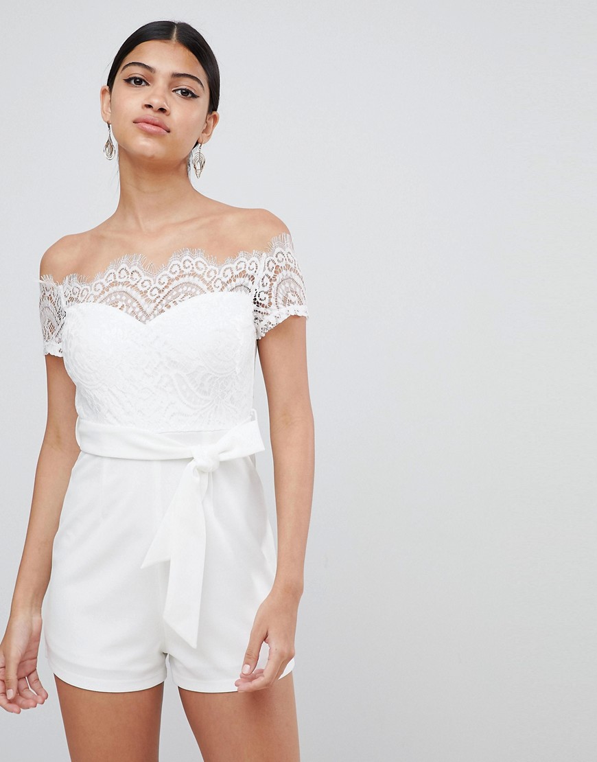 Love Triangle lace top bardot playsuit with tie waist