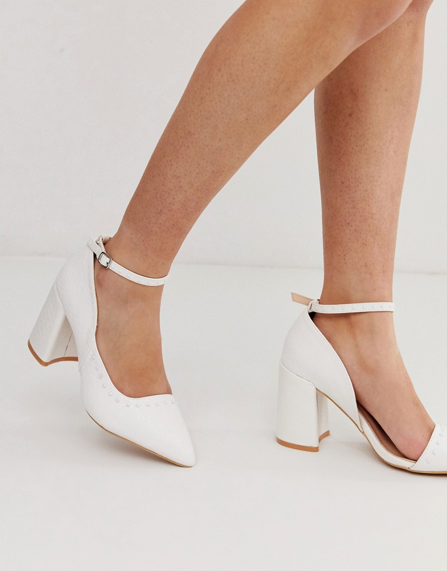 Lost Ink pointed block heel shoe with ankle strap in white