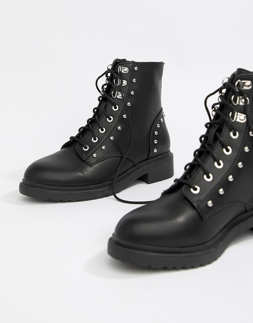 Miss Selfridge lace up military boots with stud detail in black - Black