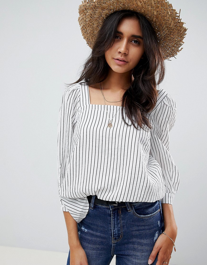 Warehouse blouse with square neck in stripe - Multi