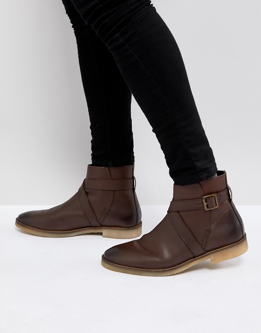 Asos Design Asos Chelsea Boots In Brown Leather With Strap Detail And Natural Sole - Brown