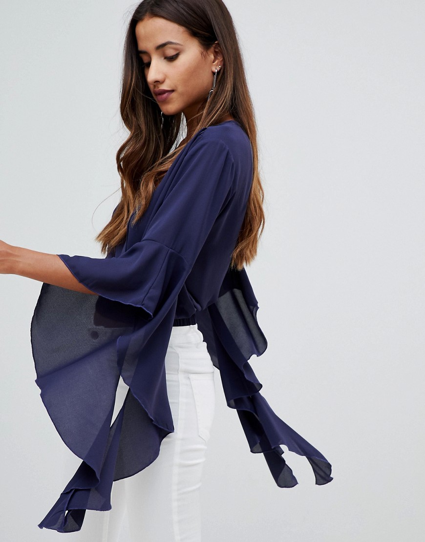 Girl in Mind crossover flute sleeve draped top - Navy