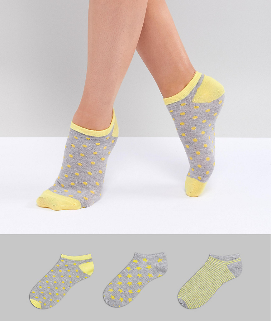 Fruitcake Spot Print 3 Pack Ankle Socks - Grey/yellow
