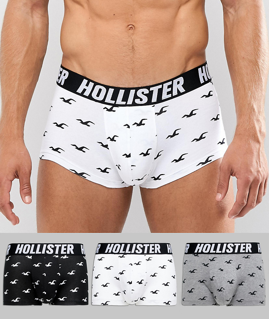 Hollister 3 pack all over seagull print trunks in black/white/grey marl