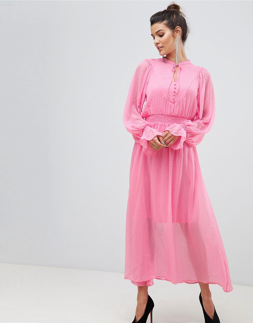 Y.A.S. TIE NECK CHIFFON SPOT MAXI DRESS IN PINK - PINK,26011867
