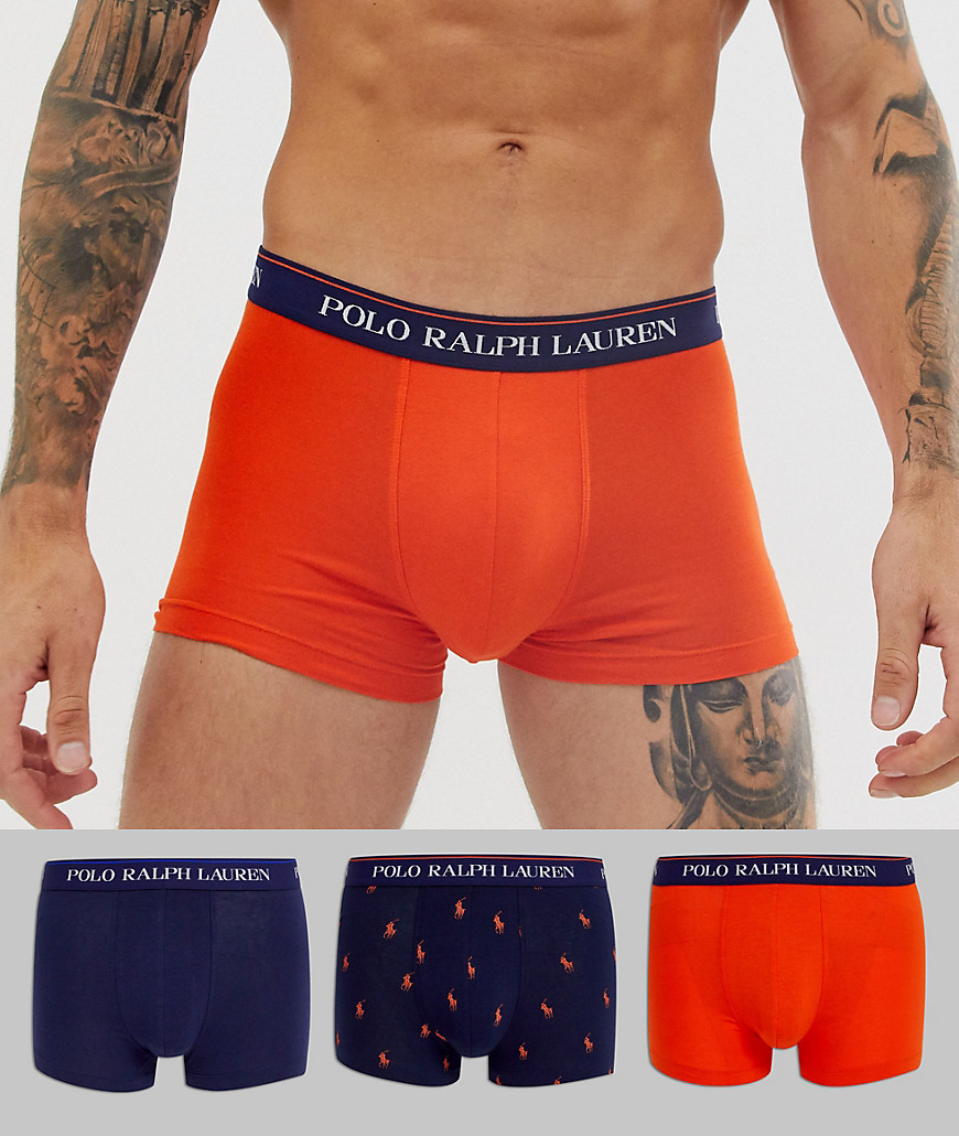 Polo Ralph Lauren Exclusive to ASOS 3 pack trunk orange/navy all over print logo with logo waistband