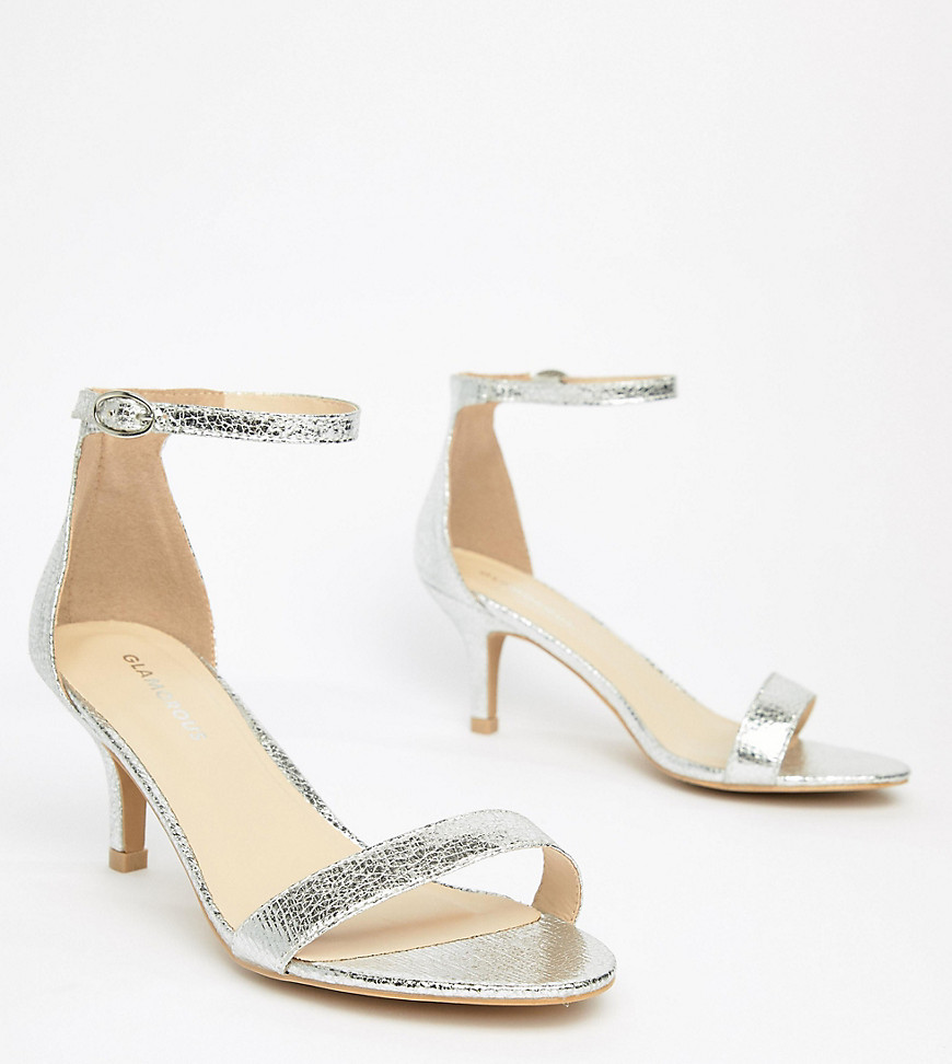 Glamorous Wide Fit Silver Barely There Kitten Heeled Sandals