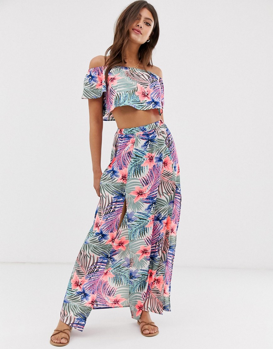 Influence floral print beach maxi skirt with thigh splits co-ord
