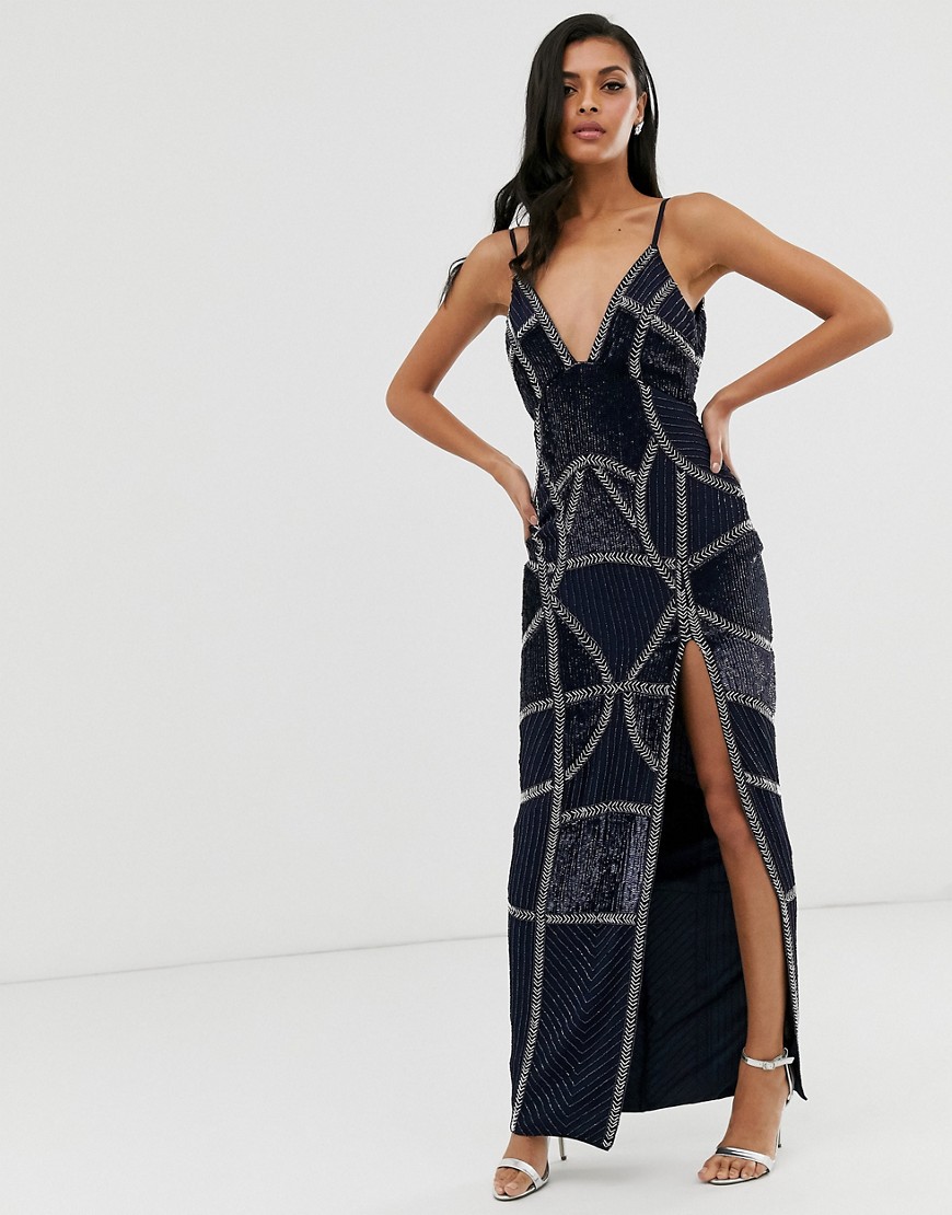 Asos Design Sexy Pencil Maxi Dress With Embellished Panels-navy