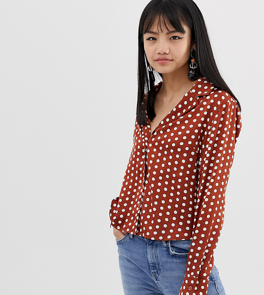 Glamorous Petite revere collar blouse in spot print satin