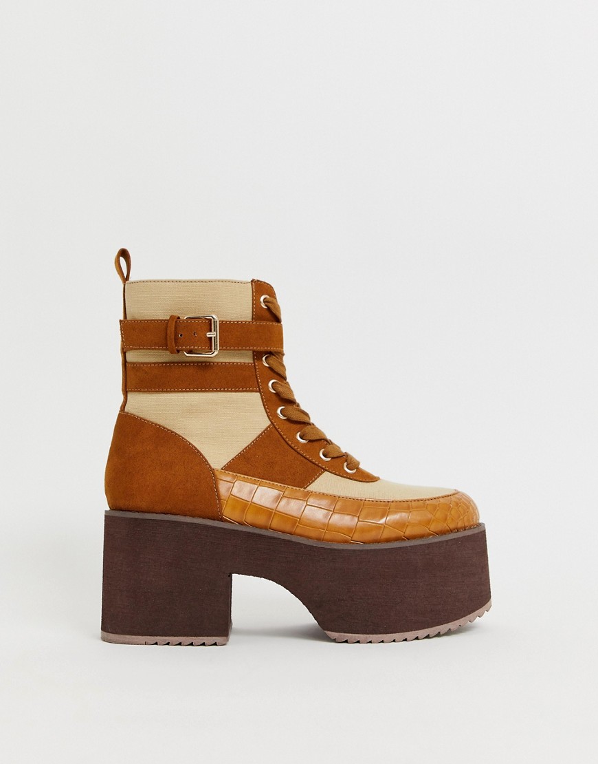 Asos Design Arlie Chunky Lace Up Boots In Brown Croc