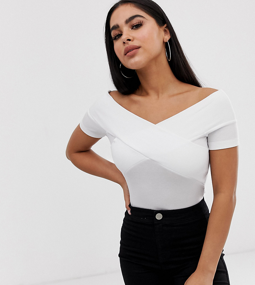 ASOS DESIGN Petite off shoulder fitted top in white