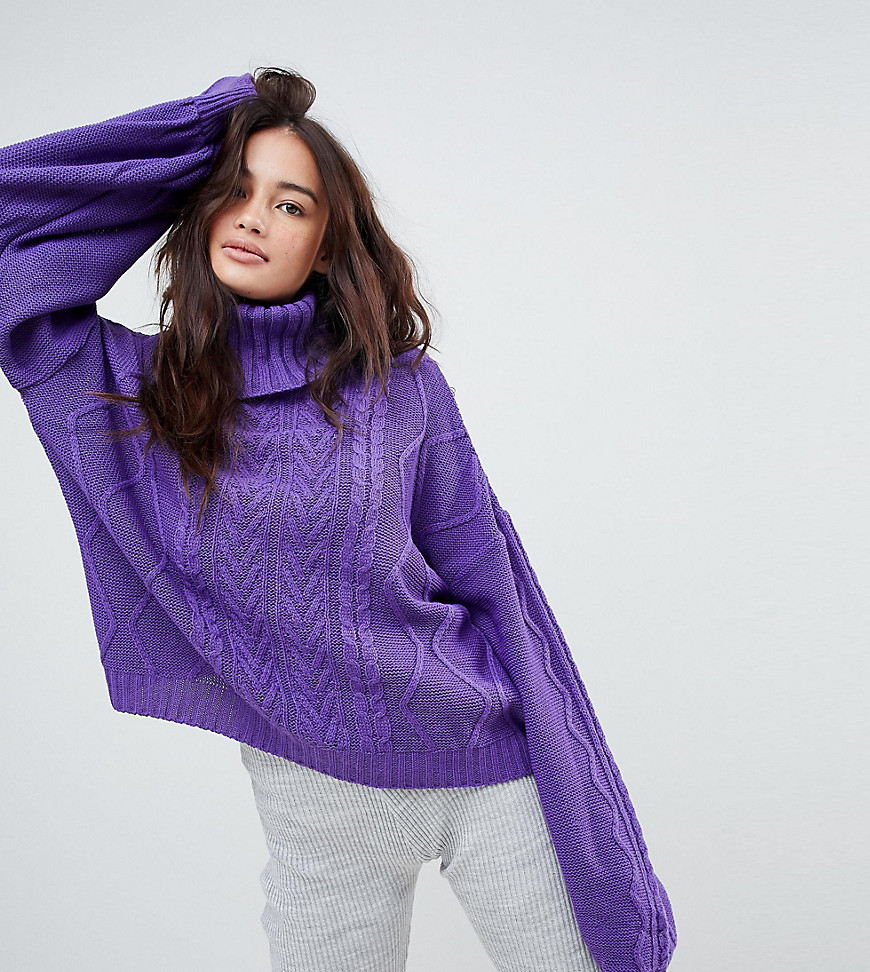 Rokoko Oversized Cable Knit Roll Neck Jumper With Balloon Sleeves - Purple