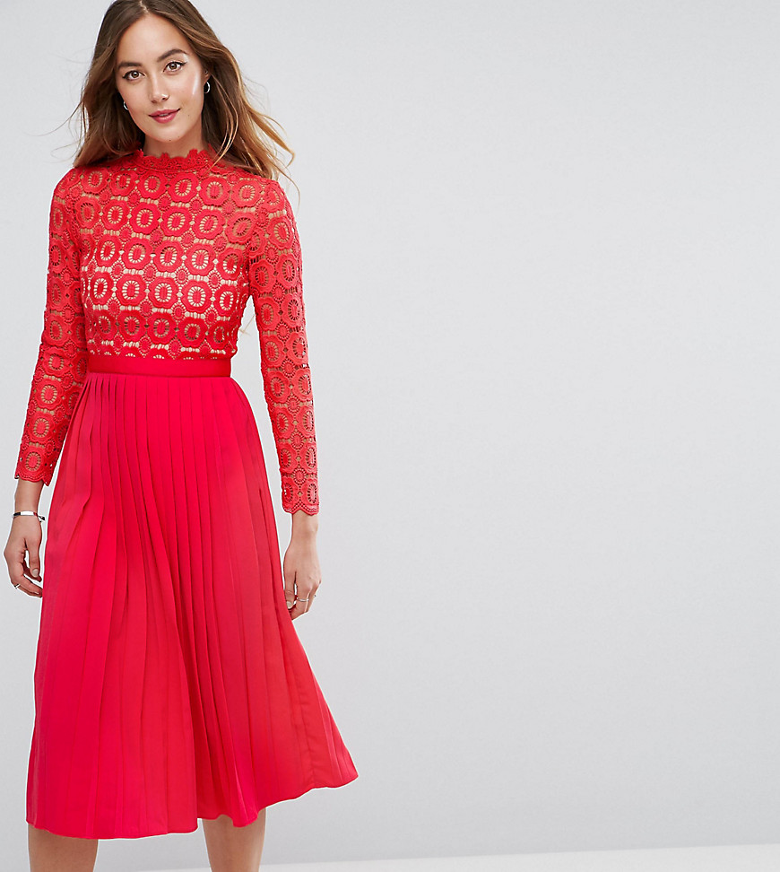 Little Mistress Tall Premium Lace Pleated Midi Dress - Red