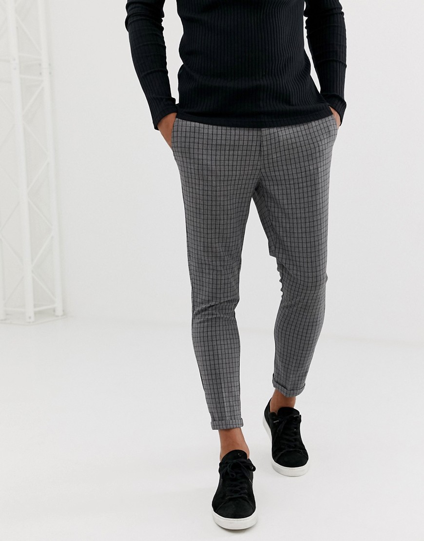New Look skinny fit cropped trousers in grey mini grid check