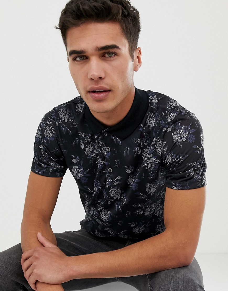 Burton Menswear polo shirt with floral print in black