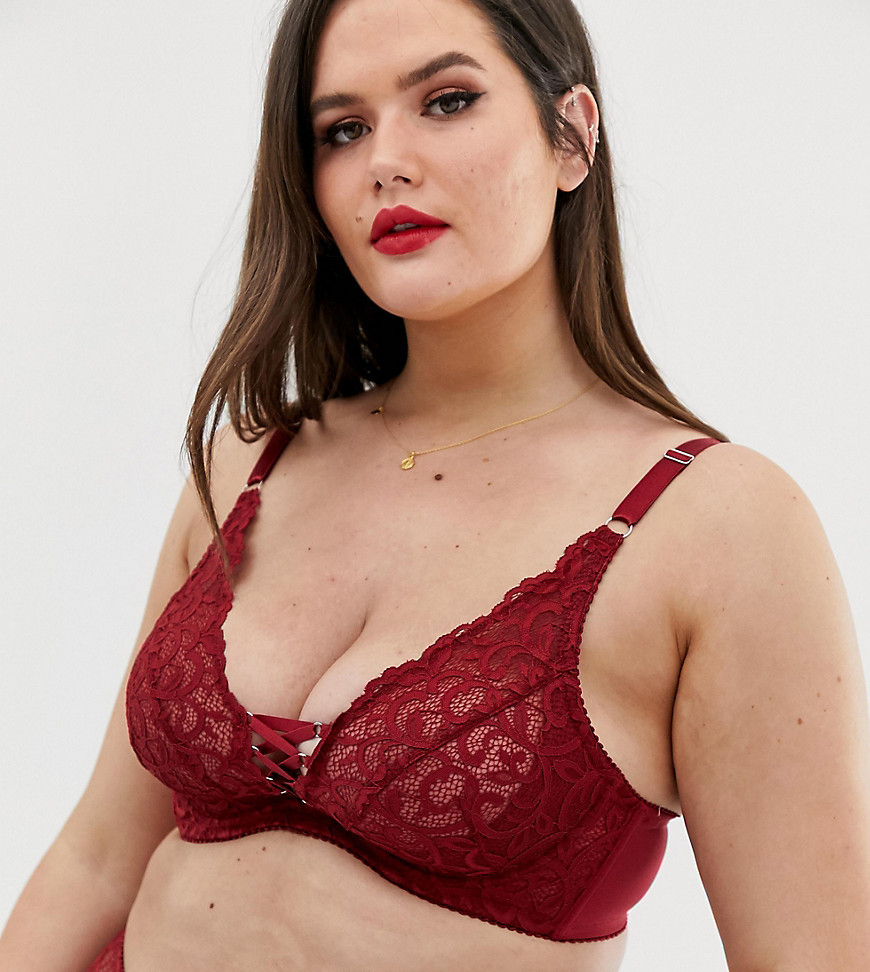 City Chic Anika lace up plunge bra in red
